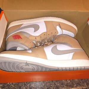 Tan and White Sneakers with Red Accent